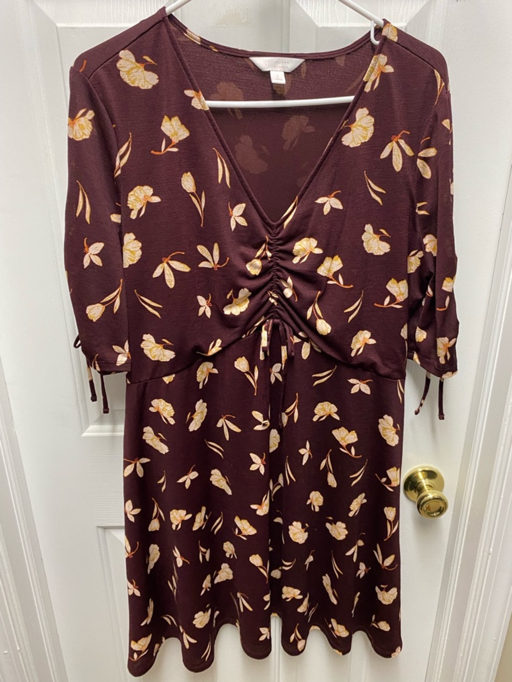 LC Lauren Conrad Burgundy Floral Ruched Midi Dress